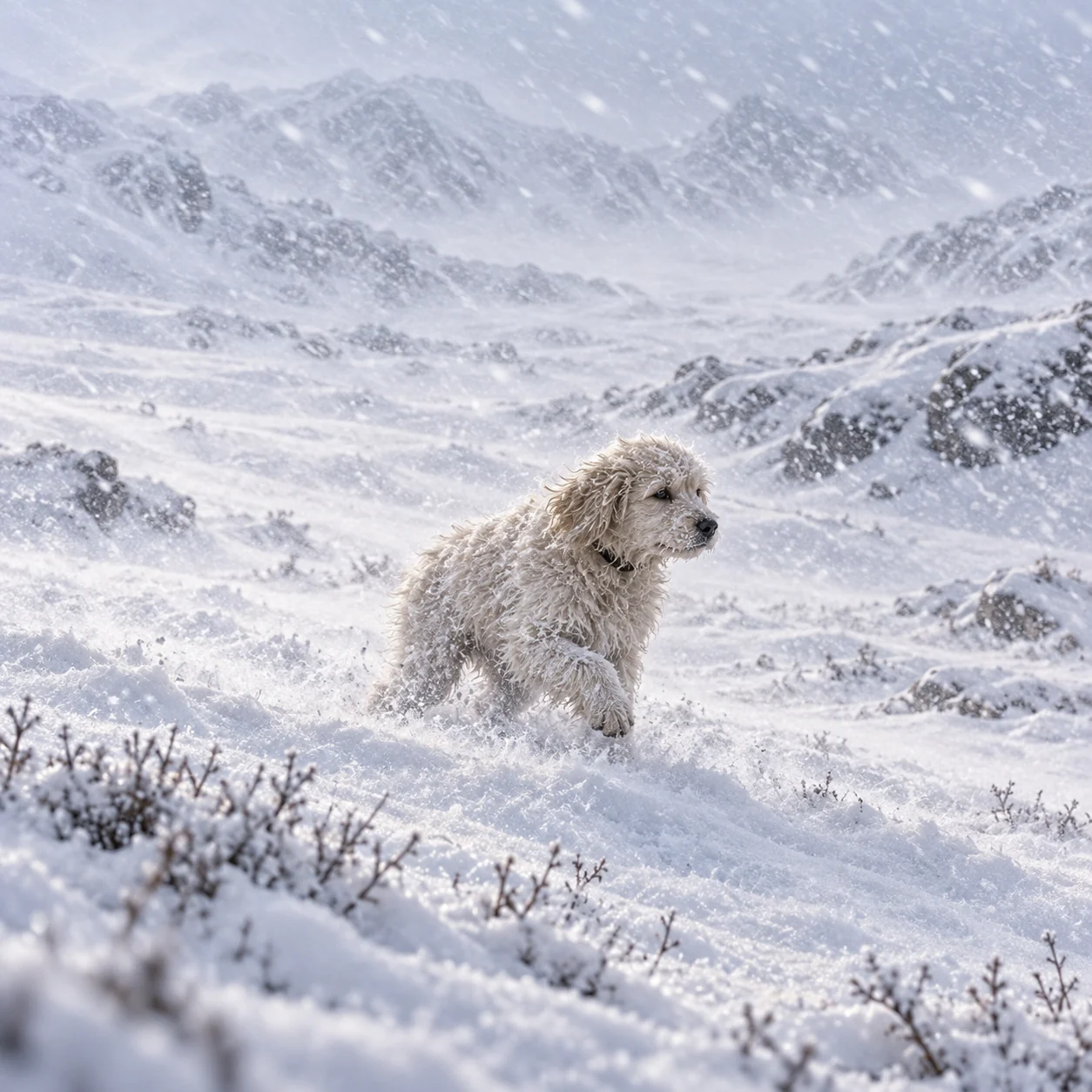 Illustration of LouLou in the snow-covered Alaskan wilderness